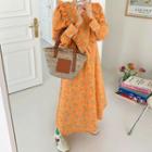 Balloon-sleeve Frilled-trim Maxi Floral Dress Orange - One Size