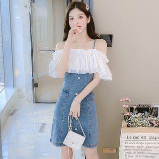 Cold-shoulder Ruffled Denim Mini A-line Dress