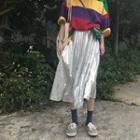 Elbow-sleeve Rainbow Block T-shirt / Pleated Midi Skirt