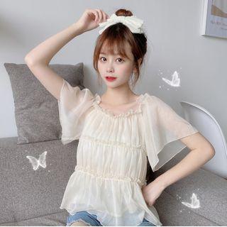 Ruffled Short-sleeve Chiffon Blouse Off-white - One Size
