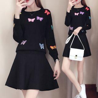 Butterfly Embroidered Knit Top / Mini A-line Skirt / Set