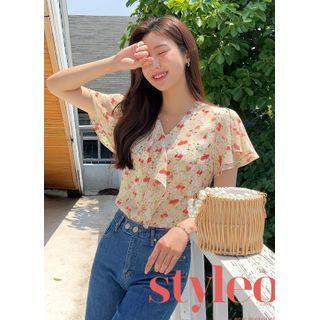Bell-sleeve Ruffled Floral Blouse