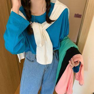 Long-sleeve Round Neck Plain Oversized Top