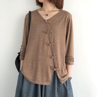 Long-sleeve Frog Buttoned Knit Top