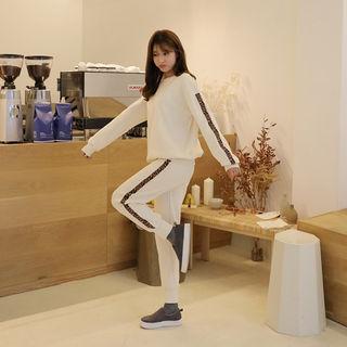 Set: Leopard-trim Sweatshirt + Sweatpants