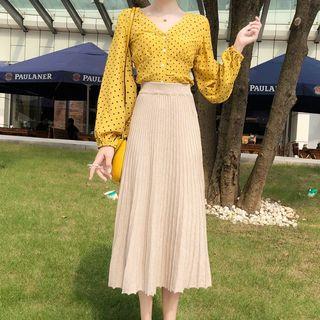 Set: Long-sleeve Dotted Blouse + Midi A-line Knit Skirt