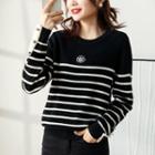 Striped Flower Embroidered Knit Top