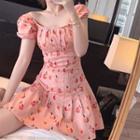 Puff-sleeve Peach Print A-line Dress