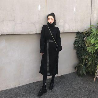 Turtleneck Long-sleeve Knit Maxi Dress With Belt Black - One Size