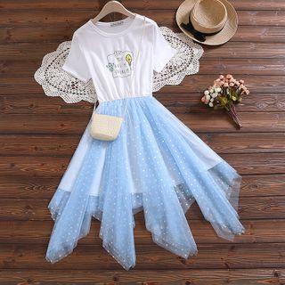 Short-sleeve Mesh Panel Asymmetrical Midi A-line Dress