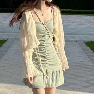 Spaghetti Strap Shirred Mini A-line Dress / Cardigan
