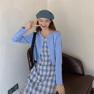 Plain Cardigan / Sleeveless Plaid Dress