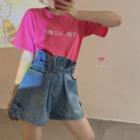 Short-sleeve Lettering T-shirt / Wide-leg Denim Shorts