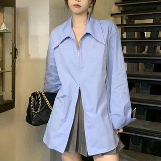 Long-sleeve Zip-up Shirt Blue - One Size