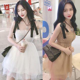Tie-shoulder Smocked A-line Mesh Dress