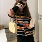 Long-sleeve Color-block Knit Cardigan Black - One Size