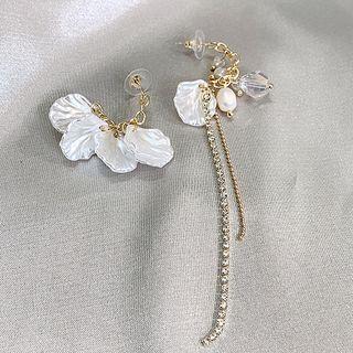 Non-matching Shell Rhinestone Dangle Earring 1 Pair - Asymmetric - Gold & White - One Size
