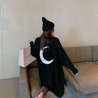 Long-sleeve Moon Embroidered Cardigan Black - One Size