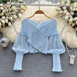 Long-sleeve Off-shoulder Plain Ruched Cropped Top