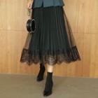 Lace-hem Tulle-overlay Pleated Skirt