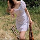 Square-neck Embroidered Crochet Puff-sleeve Dress