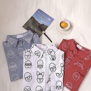 Picture Printed Single-breasted Long-sleeve Blouse