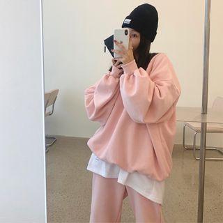 Long-sleeve Plain Sweatshirt + High-waist Plain Sweatpants
