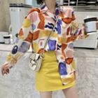 Print Long-sleeve Loose-fit Shirt / Plain High-waist Skirt