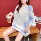 Elbow-sleeve Star Print Open Back T-shirt