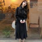 Long-sleeve Midi A-line Chiffon Dress Black - One Size