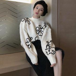 Mock Neck Pattern Sweater White - One Size