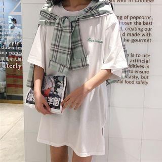 Elbow-sleeve Lettering T-shirt With Plaid Shawl