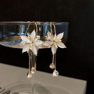 Flower Cat Eye Stone Rhinestone Fringed Earring 1 Pair - Silver Needle - Gold - One Size