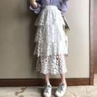 Plain Long-sleeve Loose-fit Shirt / Ruffle Midi Skirt