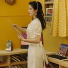 Ruffle Trim Puff-sleeve Tie-waist Midi A-line Dress