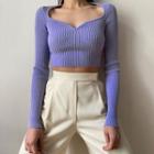 V Neck Long Sleeve Cropped Knit Top