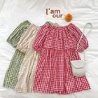 Color-block Plaid Off-shoulder Puff-sleeve Dress