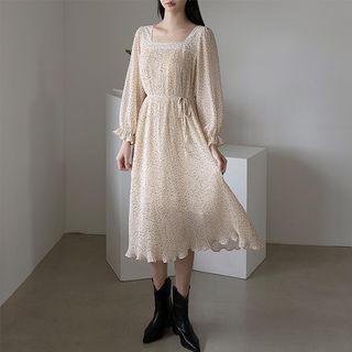 Square-neck Dotted Long Pleated Dress