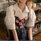 Puff-sleeve Plain Shirt / Flower Print Camisole Top