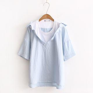 Mock Two Piece Striped Panel Elbow Sleeve Shirt