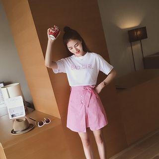 Set: Lettering Short Sleeve T-shirt + Striped A-line Skirt