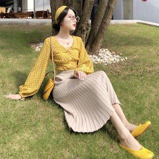 Polka Dot V-neck Blouse With Scarf / Pleated Midi Skirt