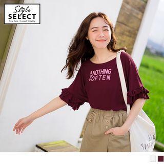 Ruffle Trim Lettering Round Neck Top