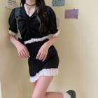 Short-sleeve Drawstring Lace Trim Blouse / A-line Skirt