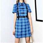 Set: Short-sleeve Plaid Mini Shirtdress + Belt