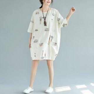 3/4-sleeve Cartoon Dress Off-white - One Size