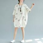 3/4-sleeve Cartoon Dress Off-white - One Size