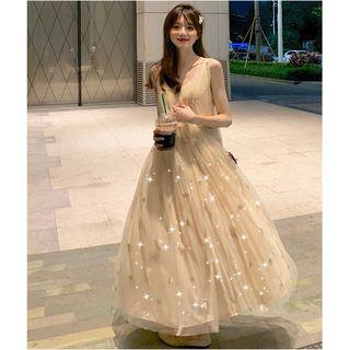 Sleeveless Sequined Pattern Mesh Maxi Dress / Spaghetti Strap Dress
