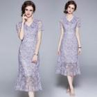 Short-sleeve Lace Ruffle Hem Midi Sheath Dress
