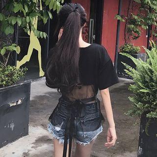 Plain Mesh Panel Short-sleeve T-shirt